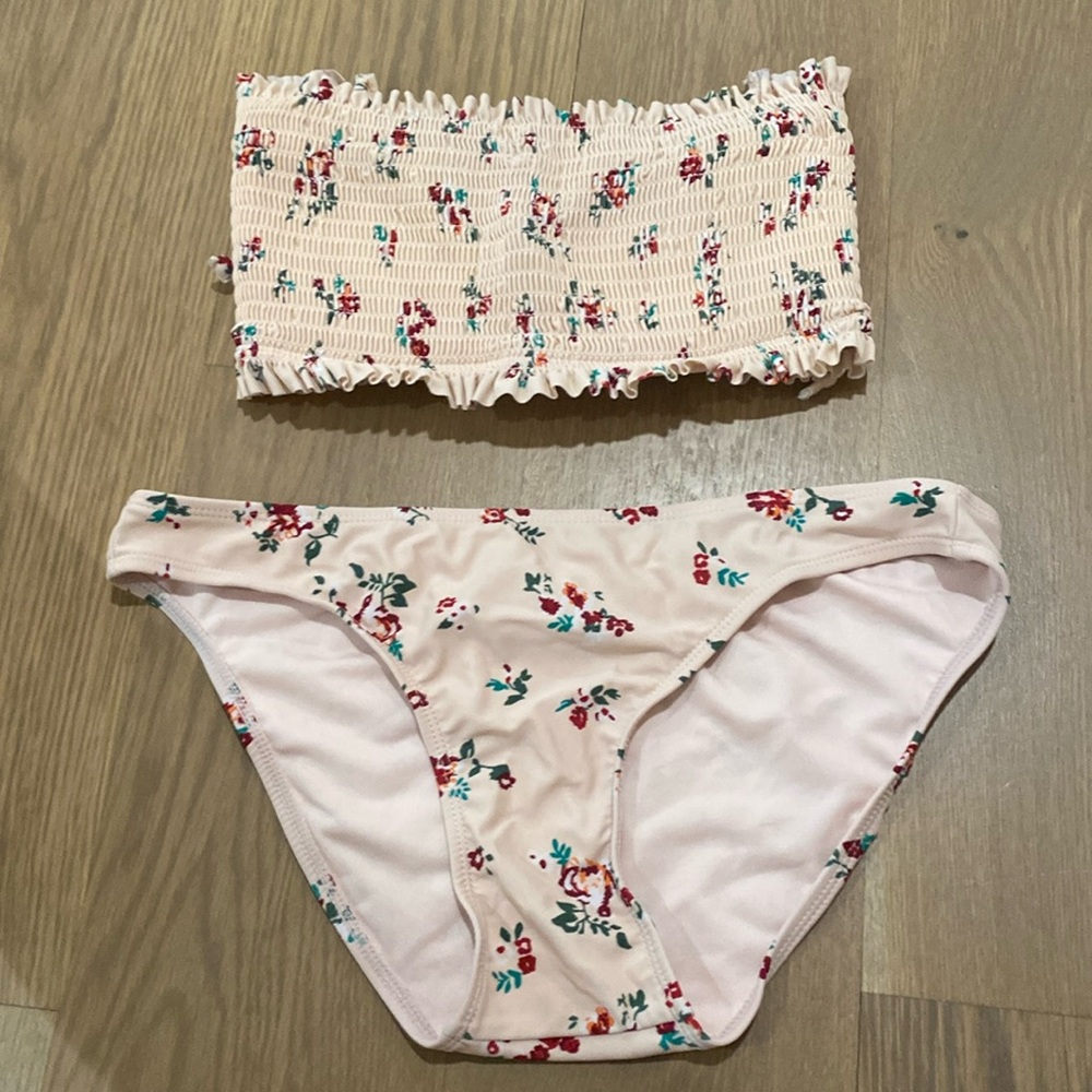 Pink Floral strapless bikini with a lace up back